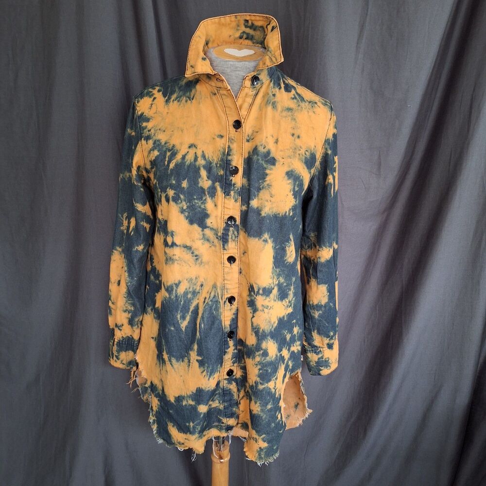 M Thrill 100 Cotton Orange Black Tiedye Short Long Hem Frayed Hem Button Down